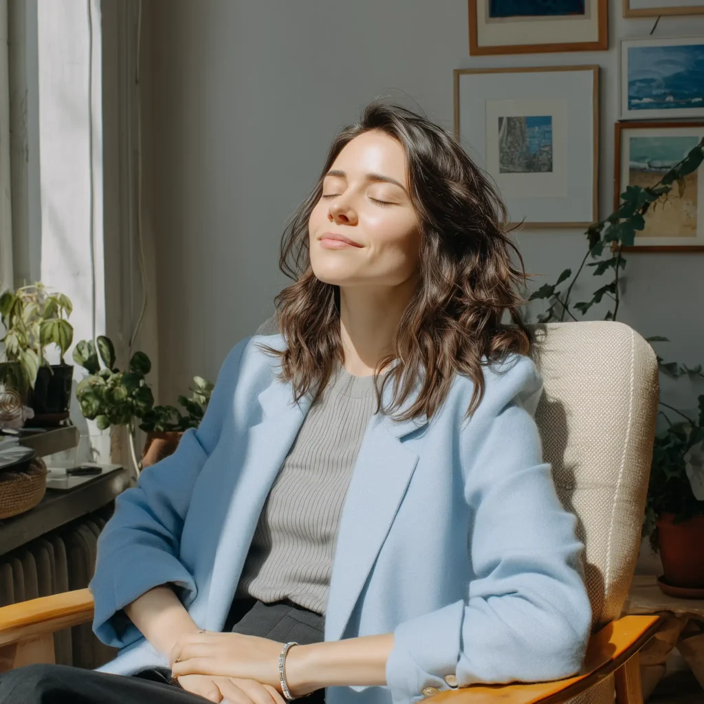 Mulher em ambiente acolhedor representando bem-estar emocional